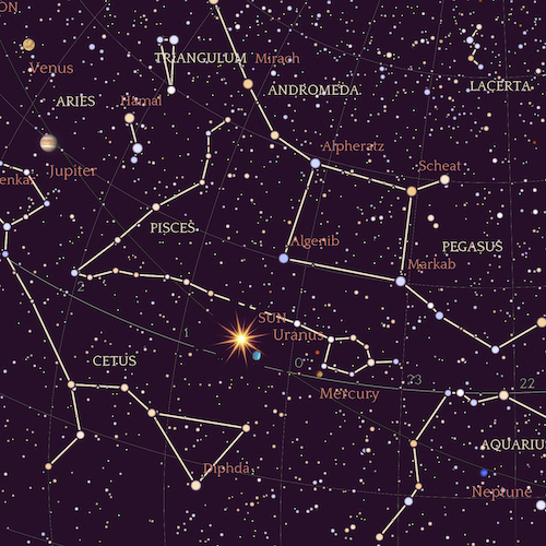 Night Sky design in mulberry: the Sun among the constellations