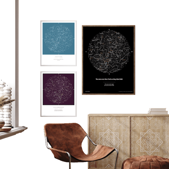 Star maps on wall in a living room